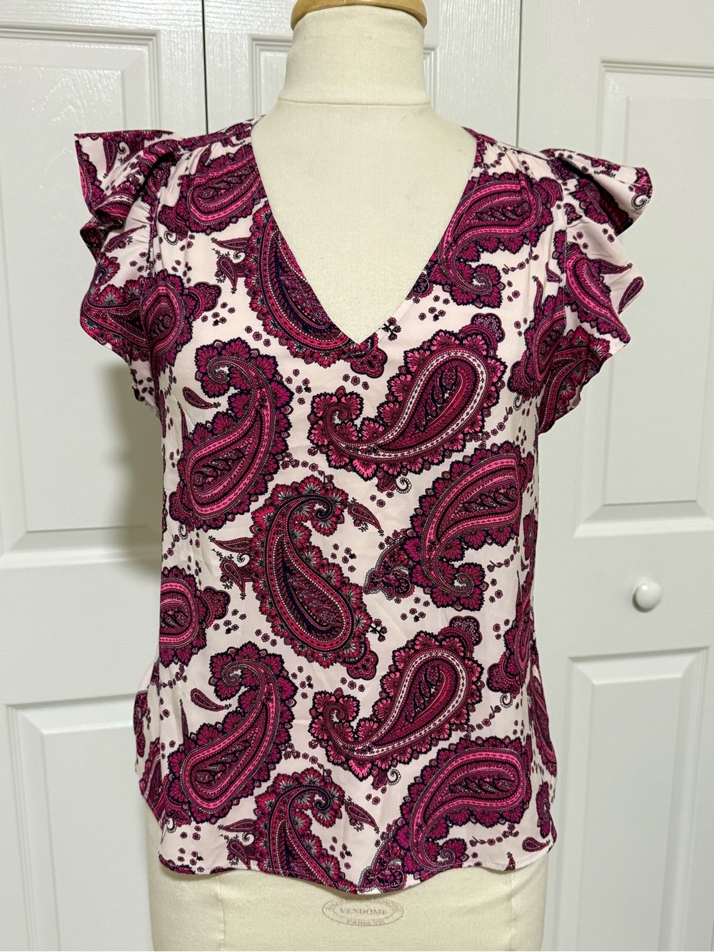 Express Pink Paisley Ruffle Sleeve V-Neck Top